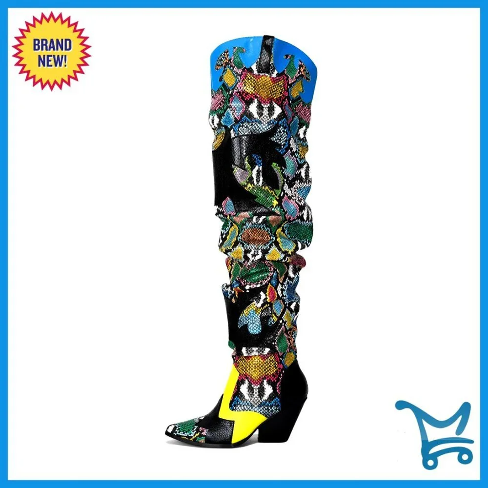 Thigh High Cowboy Boots with Chunky Heel, Slip Resistant, Faux Snakeskin